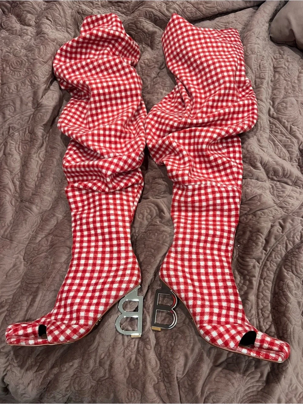 Thigh high Red Gingham Boots with Silver B Heel